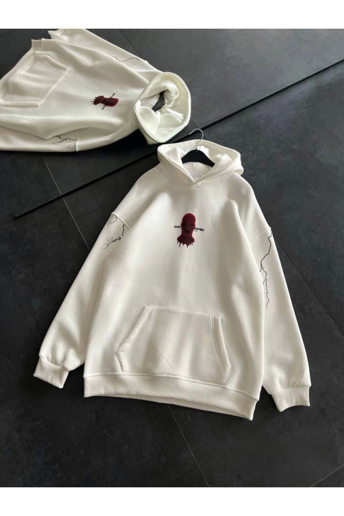 Üç İplik Kapşonlu Baskılı Oversize SweatShirt- Beyaz