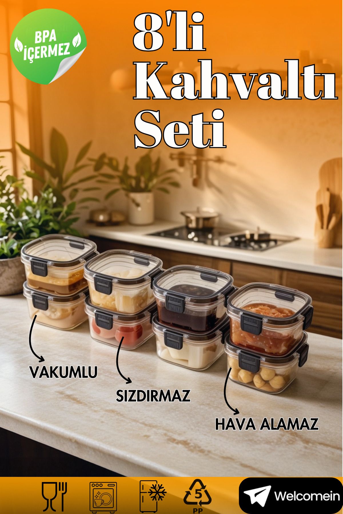 welcomein 8'li Vakumlu Kapak Hava Almaz Sızdırmaz 300 ml. Lüks Kahvaltılık Saklama Seti- 8 Adet