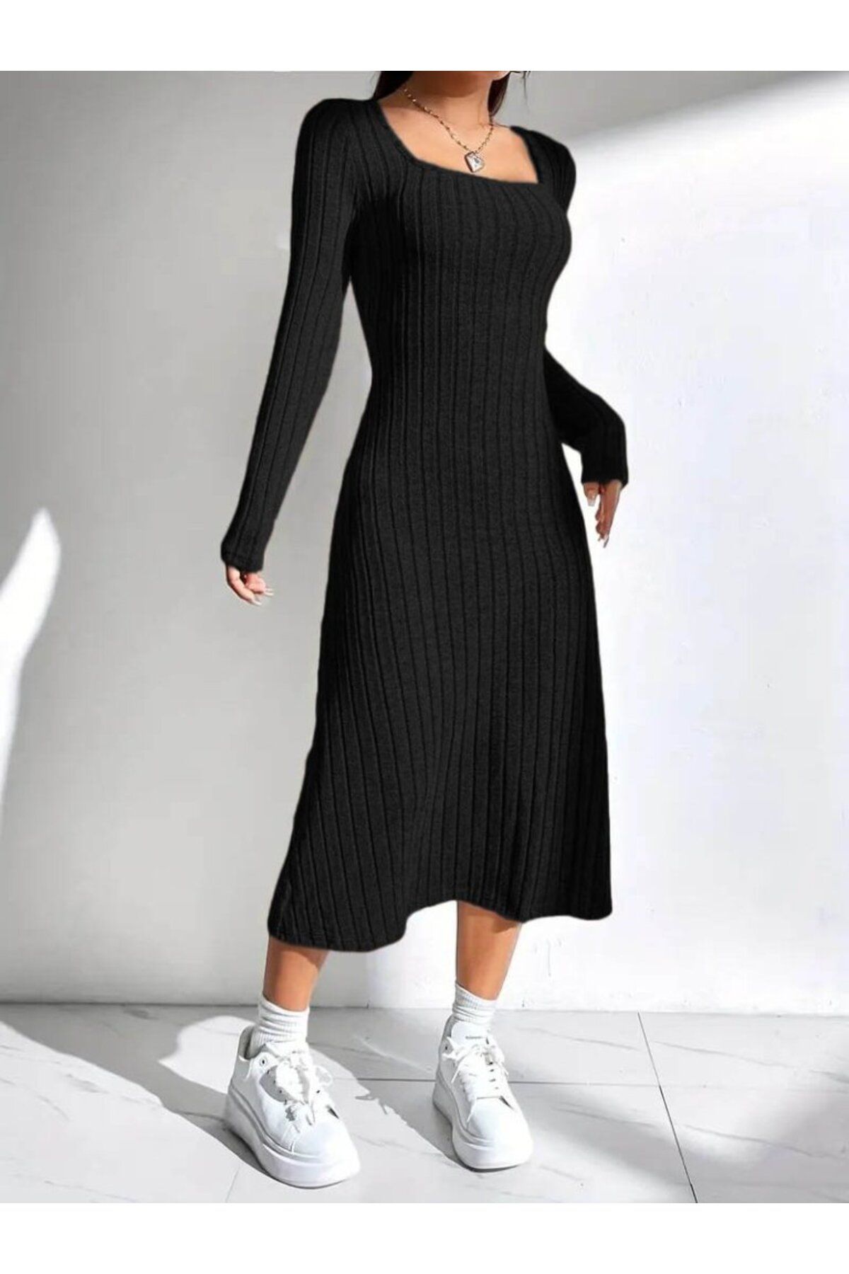 velmorafashion Kadın Uzun Kollu Kare Yakalı Midi şardonlu Kaşkorse Elbise