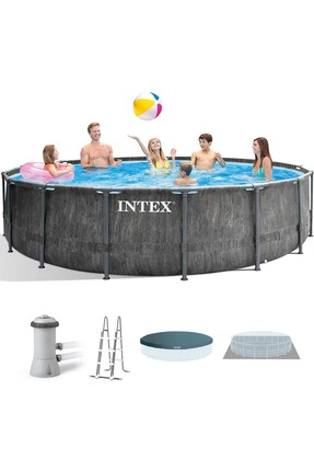 Intex 26742NP Greywood Yuvarlak Prefabrik Aile Havuzu 457x122cm Filtre+Merdiv...