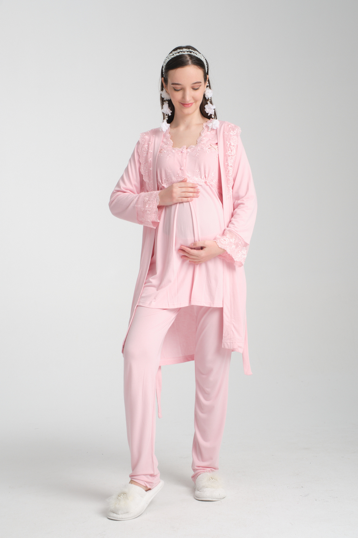 Effortt Venera Effortt Lohusa Hamile Dantel detaylı Zarif Lohusa sabahlıklı pijama Takımı