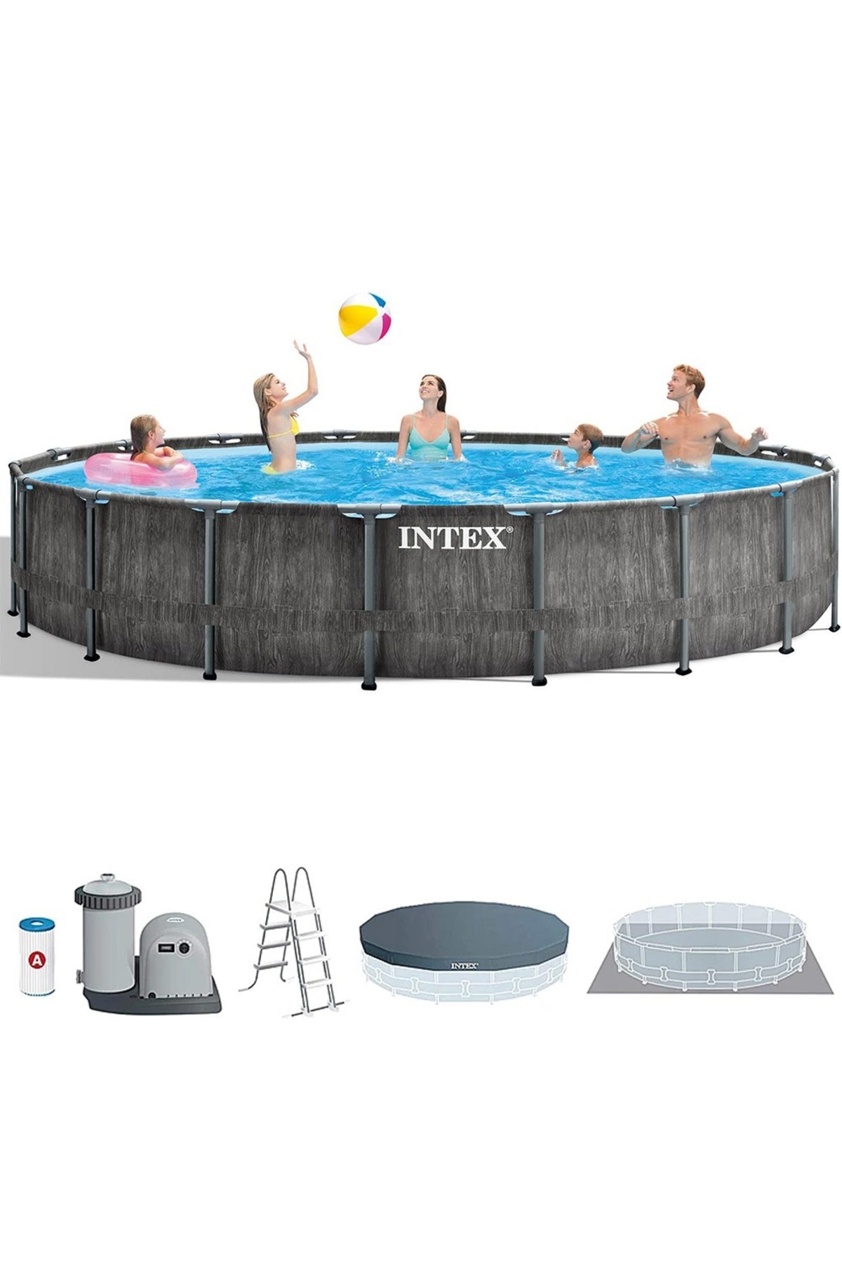 Intex 26744NP Greywood Yuvarlak Prefabrik Aile Havuzu 549x122cm Filtre+Merdiven+Örtü Set