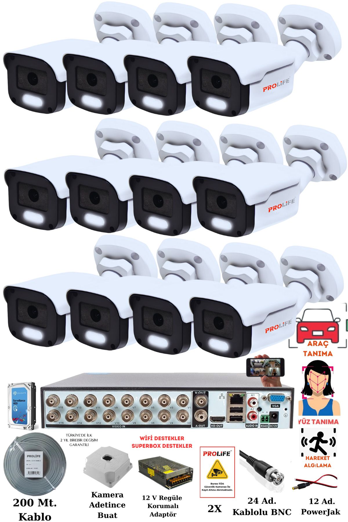 PROLİFE 12'Li Güvenlik Kamerası Set-Gece Renkli Görüşlü Full HD 5 Mp Yüz ve Araç Tanımalı Kamera Sistemi