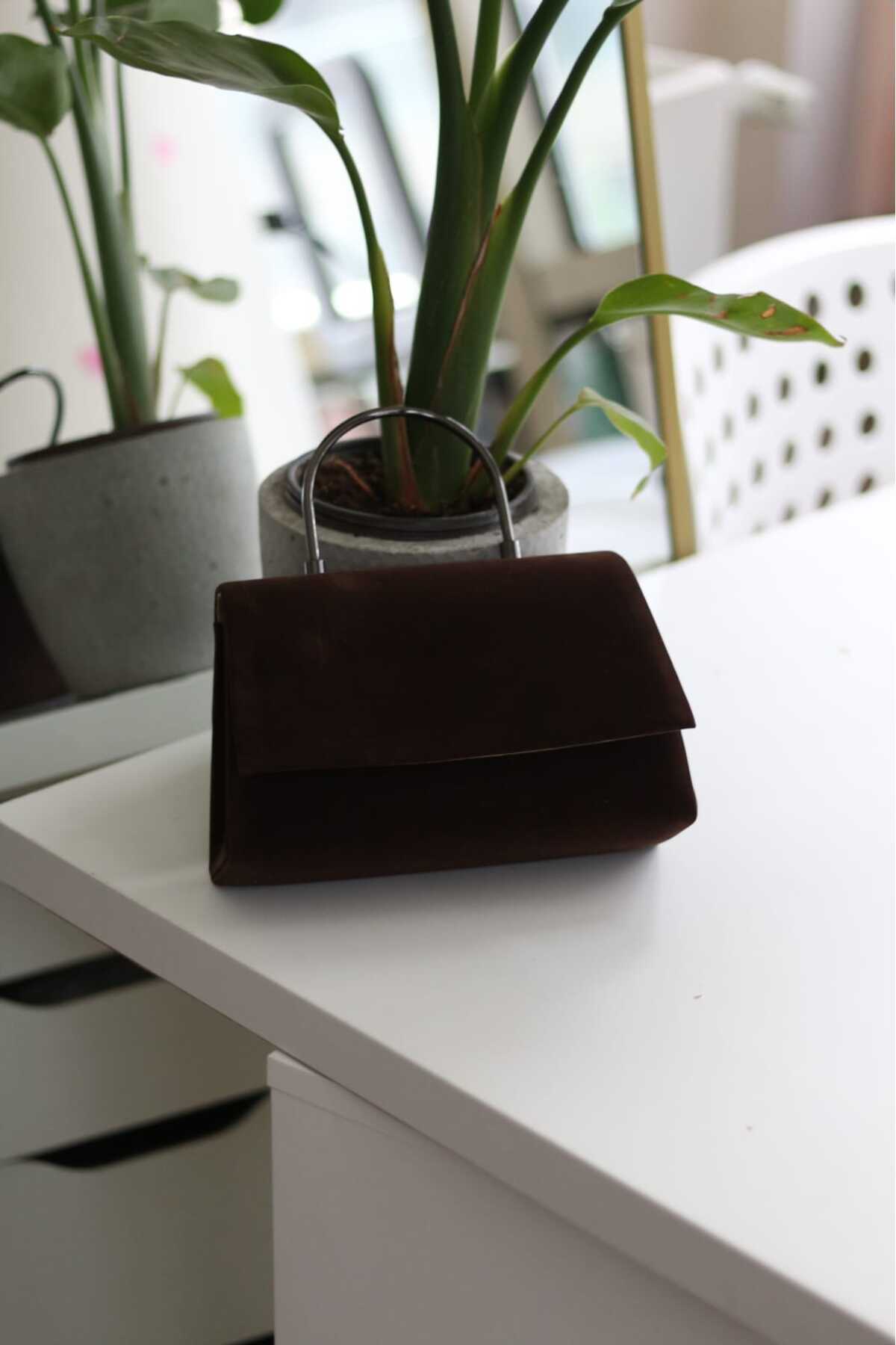 Women's Coffee Suede Hand & Shoulder Bag with Metal Handle Detail