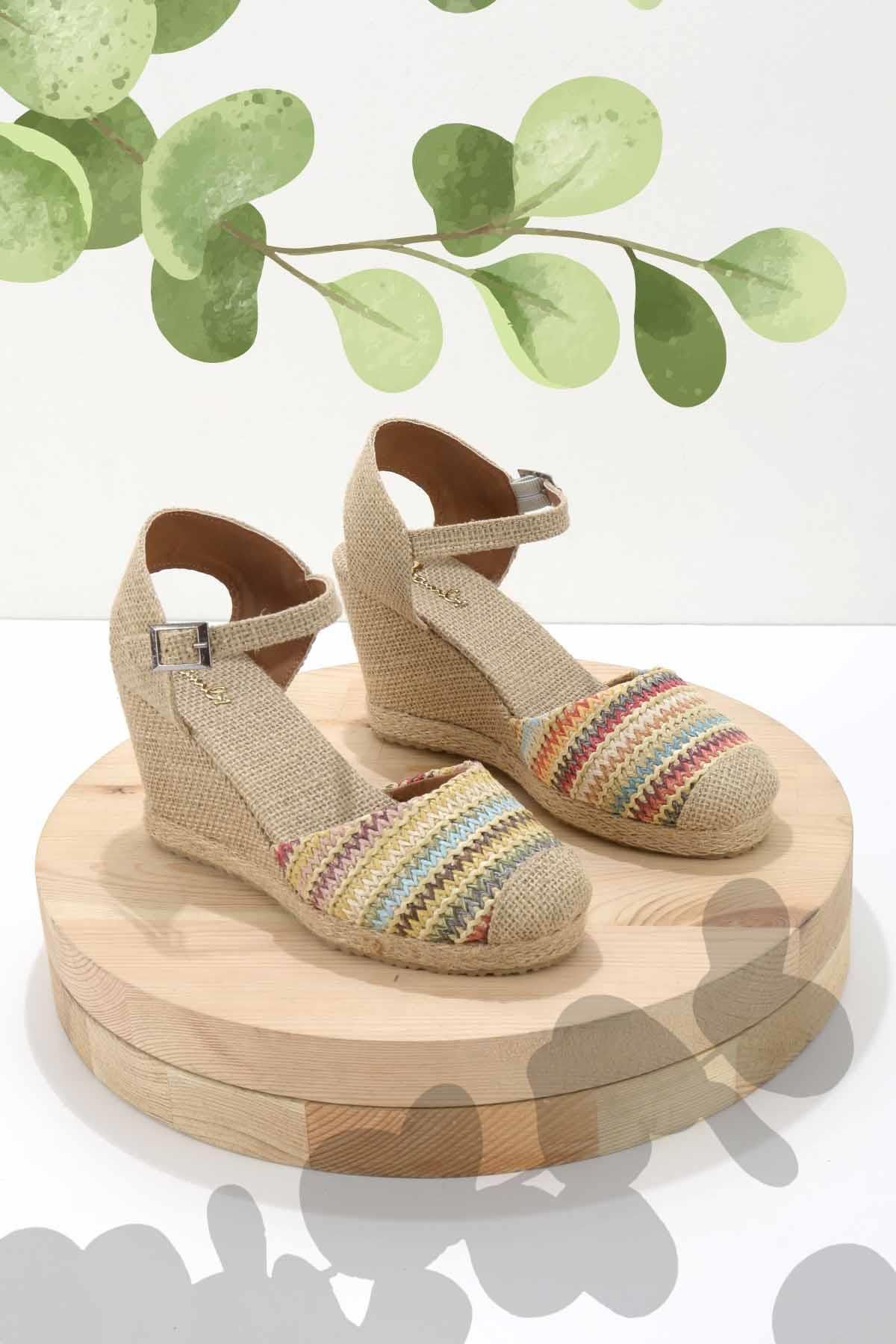 Bambi-Multicolored Linen Women's Wedge Heeled Shoes K01874112018 1