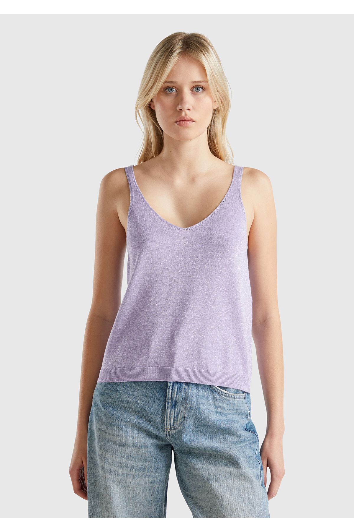 United Colors of Benetton-Women's Pink Cotton and Viscous Blended Silvery Wide Neck Sling Top 1