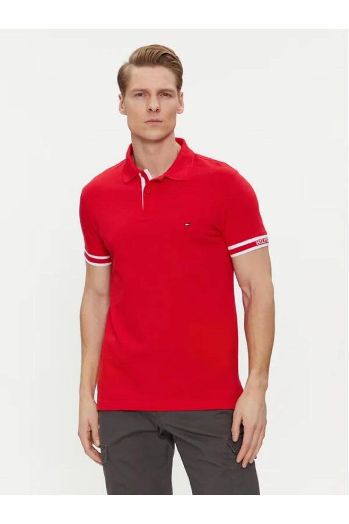 تامی هیلفیگر تی‌شرت یقه‌دار اسلیم فیت مردانه طرح مونوتایپ با سرآستین لوگو