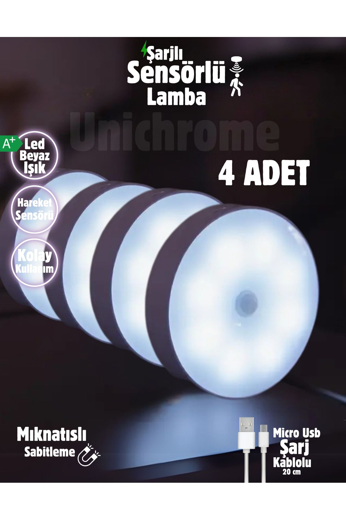 Unichrome 4 Adet Hareket Sensörlü 8 Ledli Usb Şarjlı Beyaz Led Işık On/auto/off Modlu Dolap Içi, Koridor