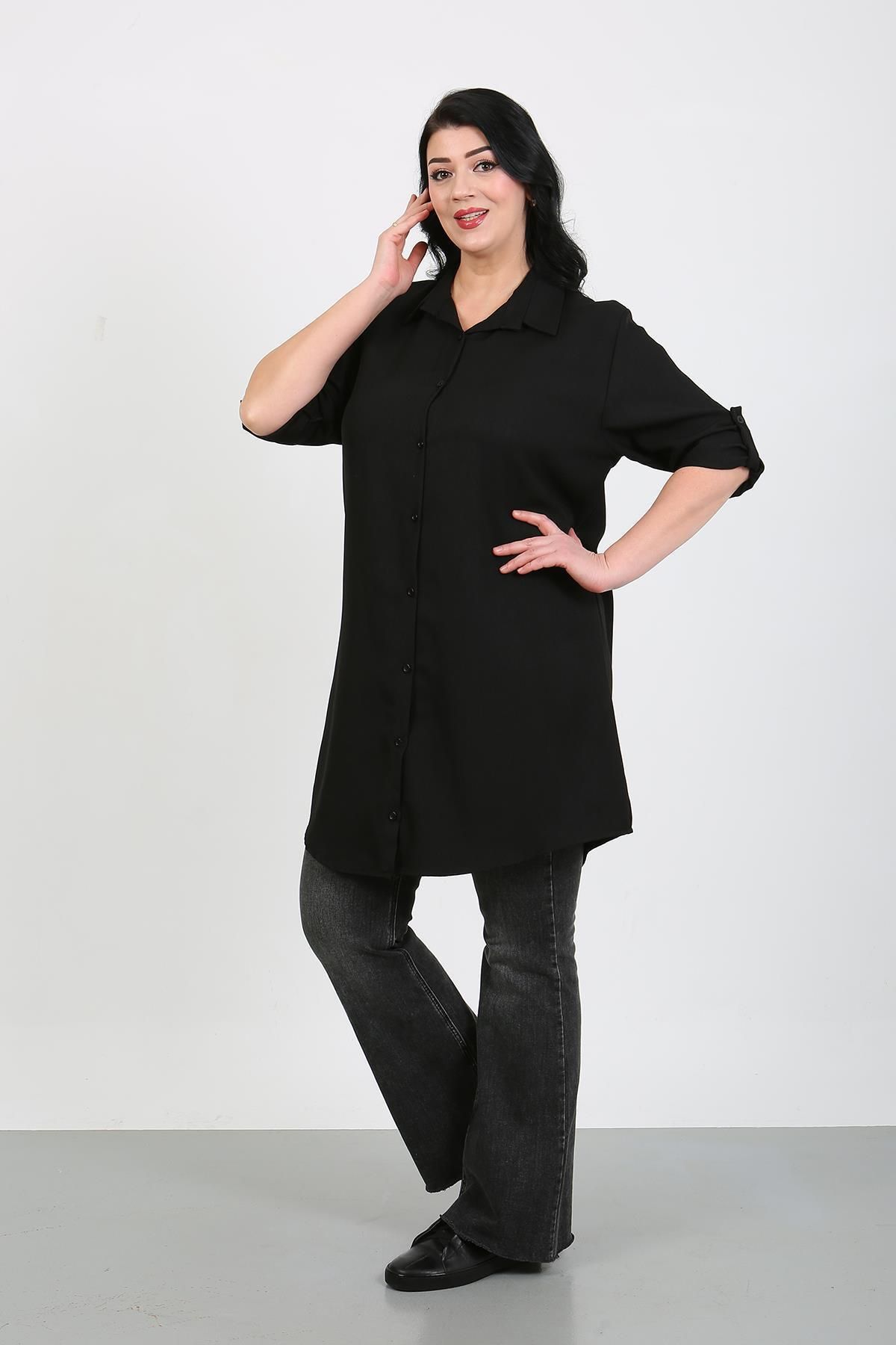 By Alba Collection-Women's Plain Black Wool Viscose Plus Size Tunic 2