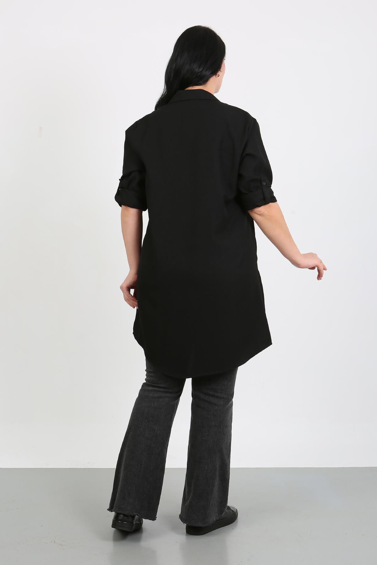 By Alba Collection-Women's Plain Black Wool Viscose Plus Size Tunic 3