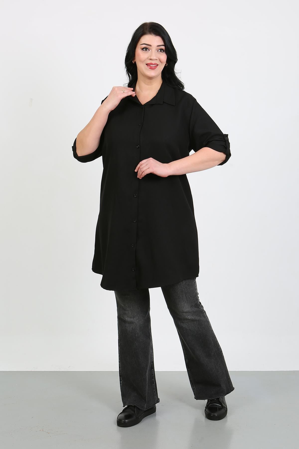 By Alba Collection-Women's Plain Black Wool Viscose Plus Size Tunic 1