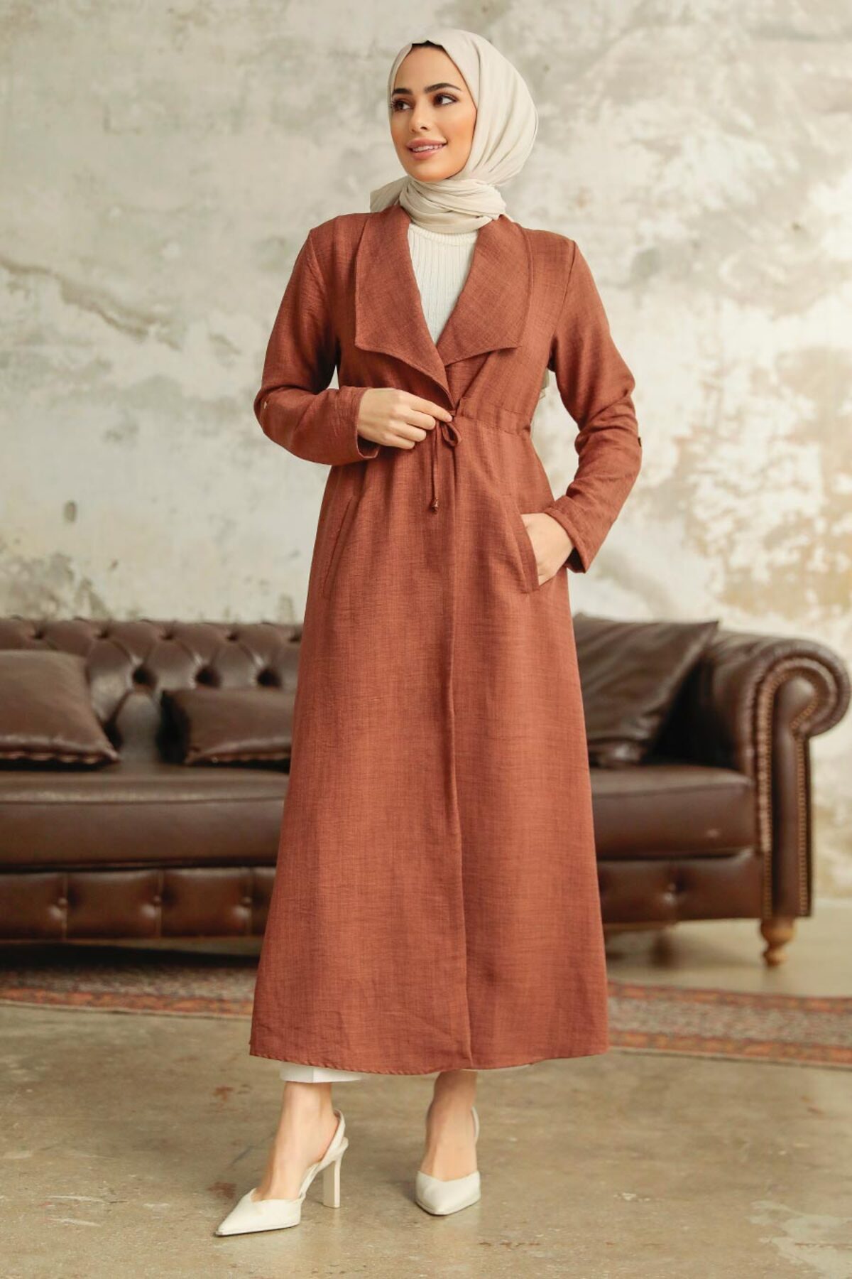 Neva Style-Καφέ Καπάκι Hijab με τσέπη 11341kh 3