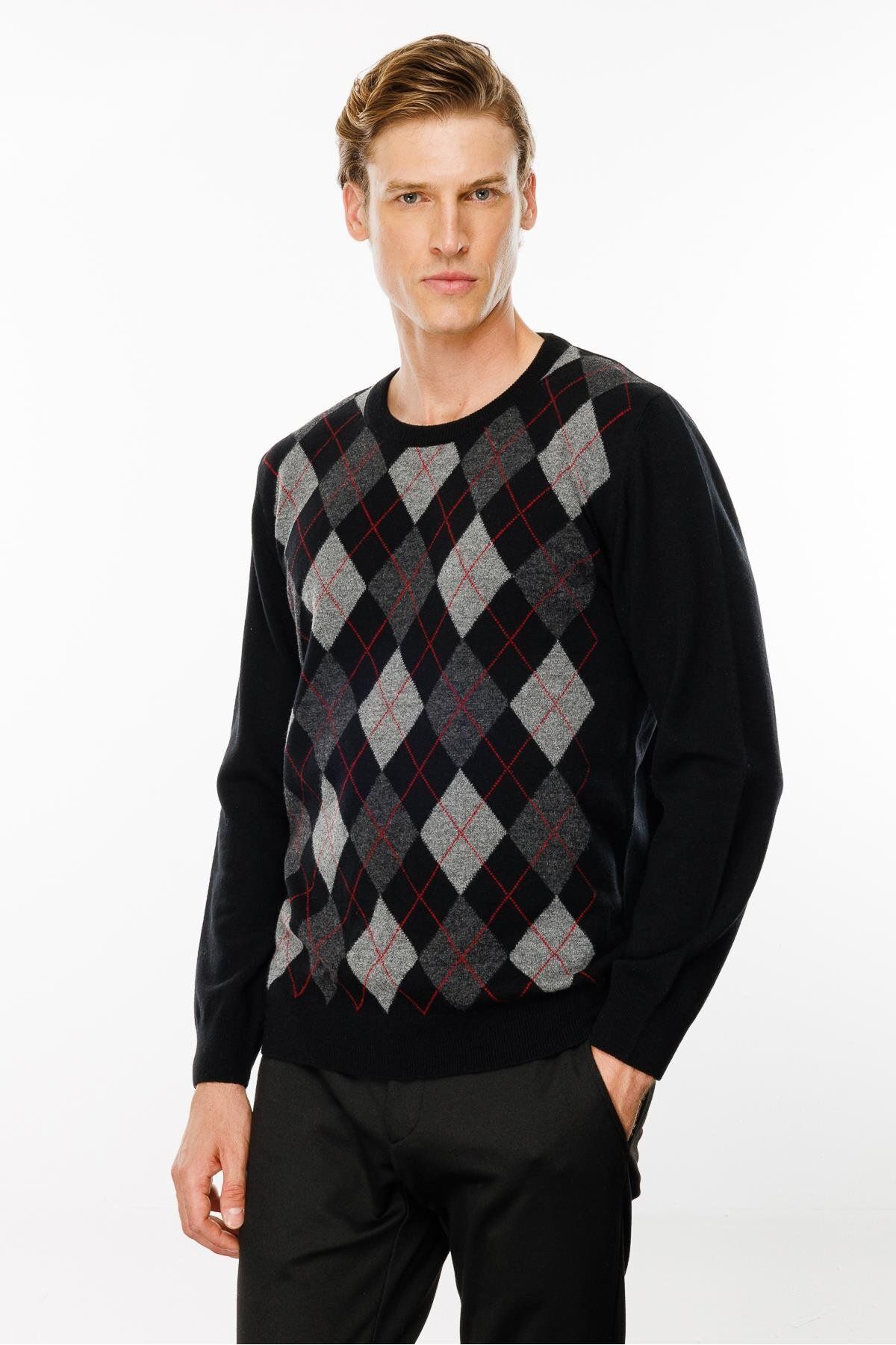 Desen Triko-Black Men's Sweater - Null Collar, Diamond Pattern 3