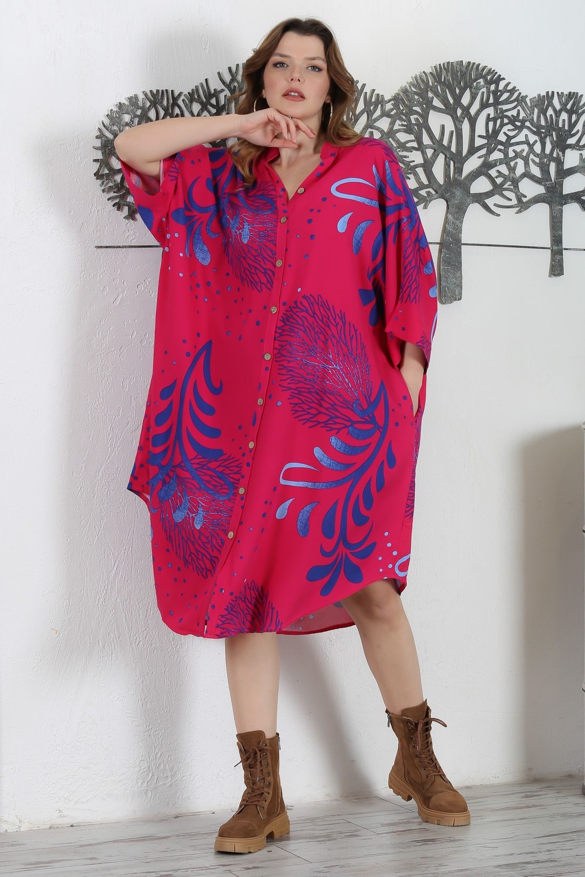 Chiccy-Fuchsia Prevailing Collar Oversize Woven Dress - 3/4 Sleeves and Hidden Pockets 121 87 2