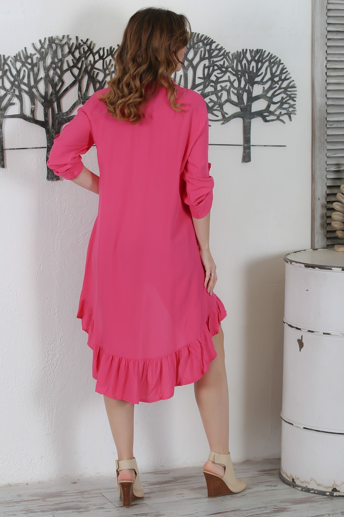 Chiccy-Pink Shirt Neckline - Long Sleeve Dress with Buttons and Ruffled Hem 95 58 6