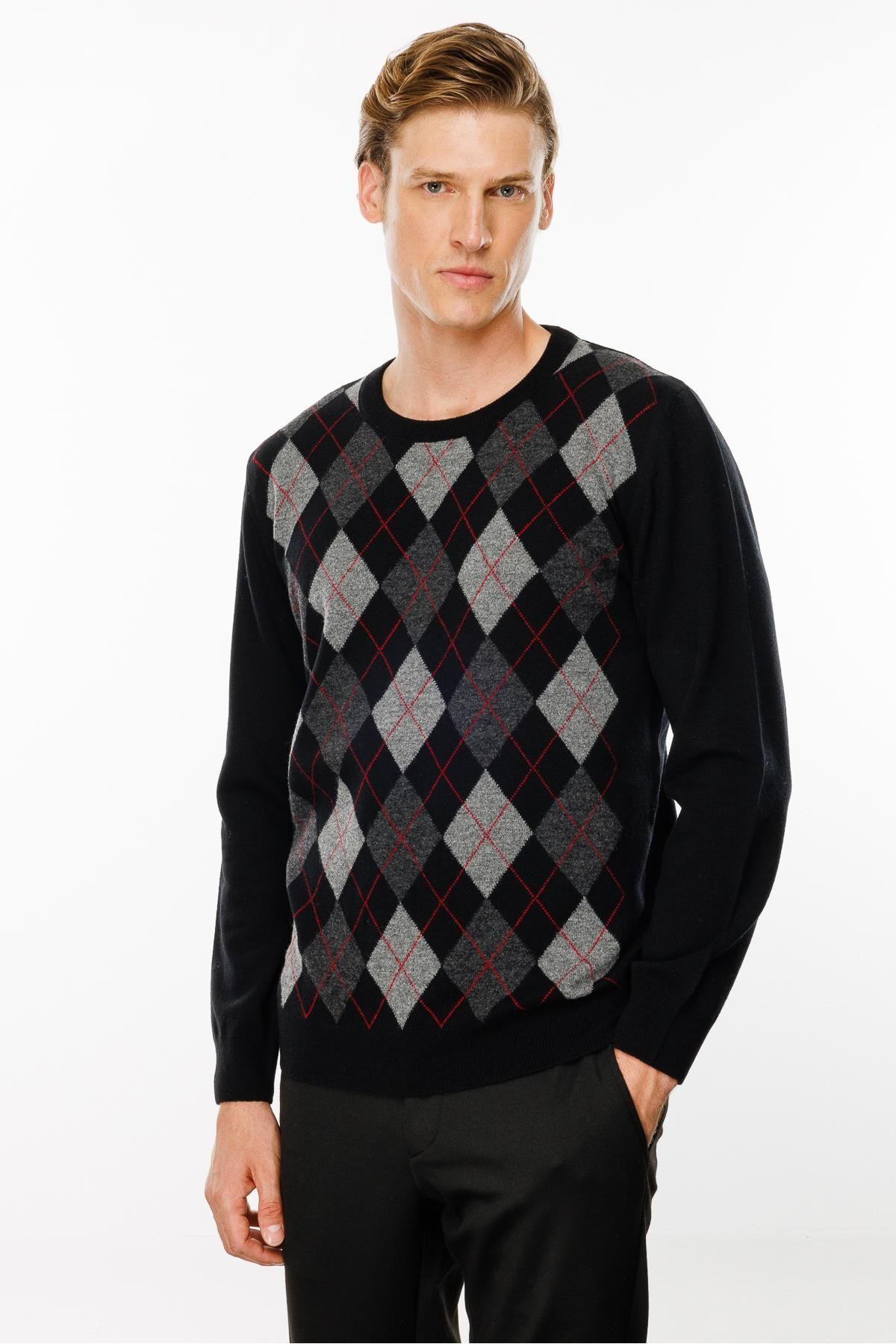 Desen Triko-Black Men's Sweater - Null Collar, Diamond Pattern 6