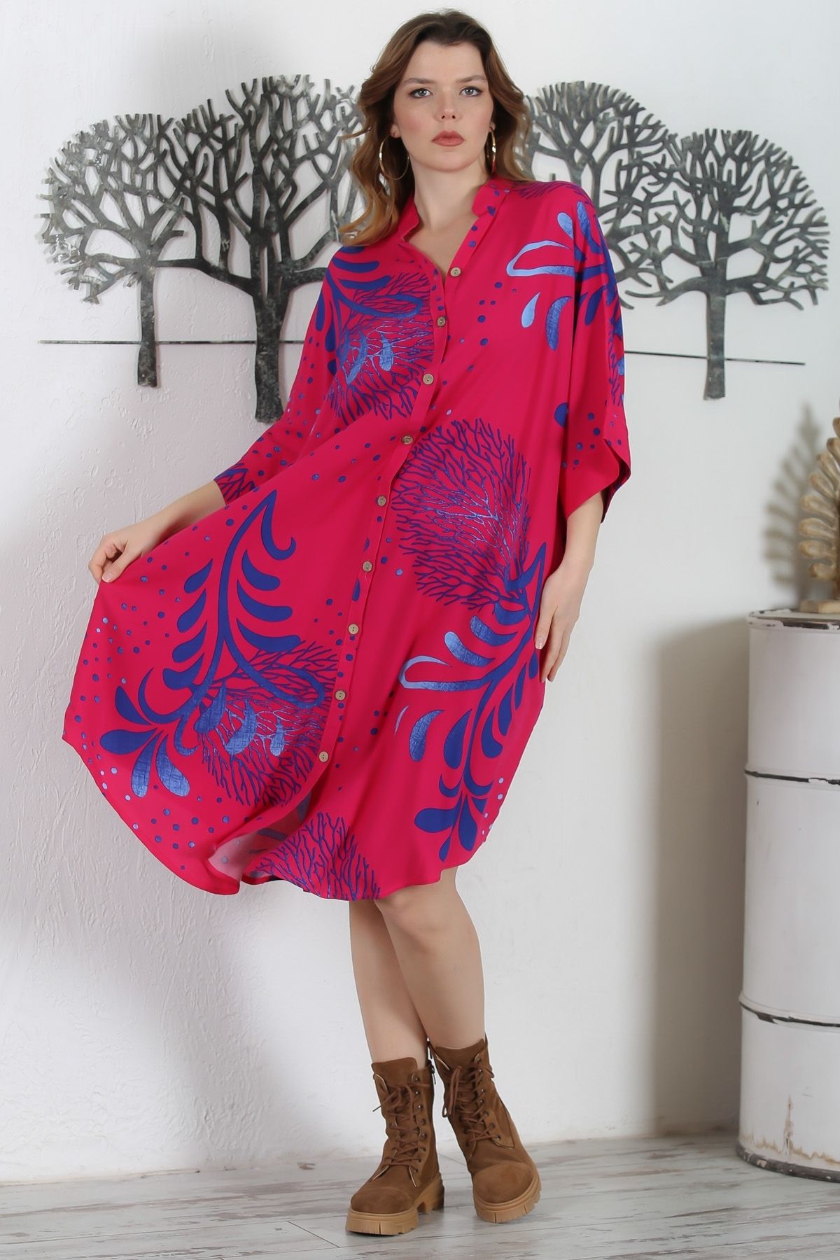 Chiccy-Fuchsia Prevailing Collar Oversize Woven Dress - 3/4 Sleeves and Hidden Pockets 121 87 1