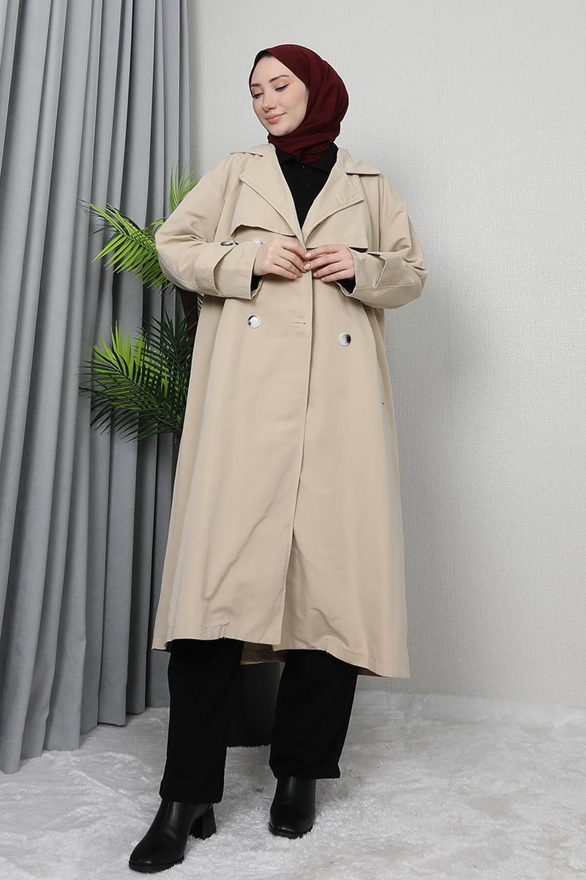 GİZ AGİYİM-Μπεζ διπλό στήθος Gabardine Trench 4