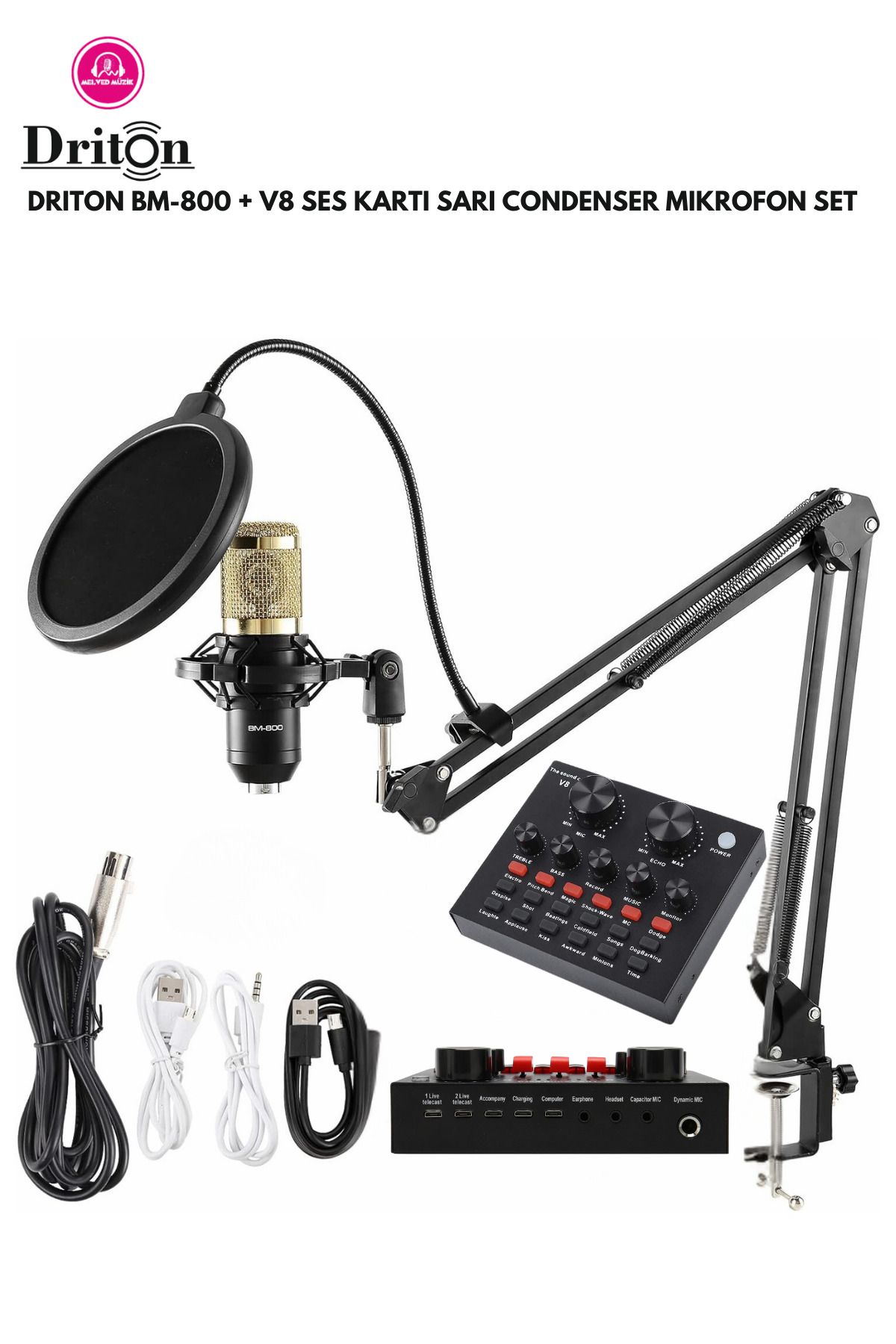 DRİTON BM-800 + V8 SES KARTI SARI PODCAST TİKTOK YOUTUBE YAYINCI CONDENSER MİKROFON VE SES KARTI SET