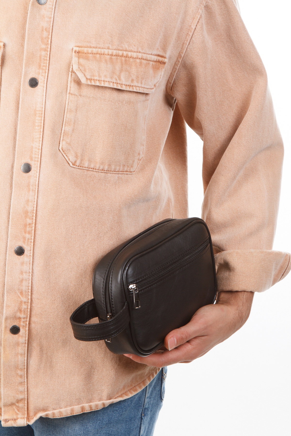 Adelina Bags Erkek Siyah Hakiki Deri Seyahat Kozmetik Portföy Clutch El Çanta görsel 7