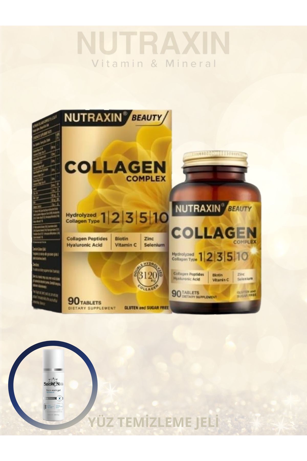 Nutraxin Collagen Beauty Complex 90 Tablet Hidrolize Kolajen tip I, II, III, V, X içeren & Yüz Temizleme Jeli