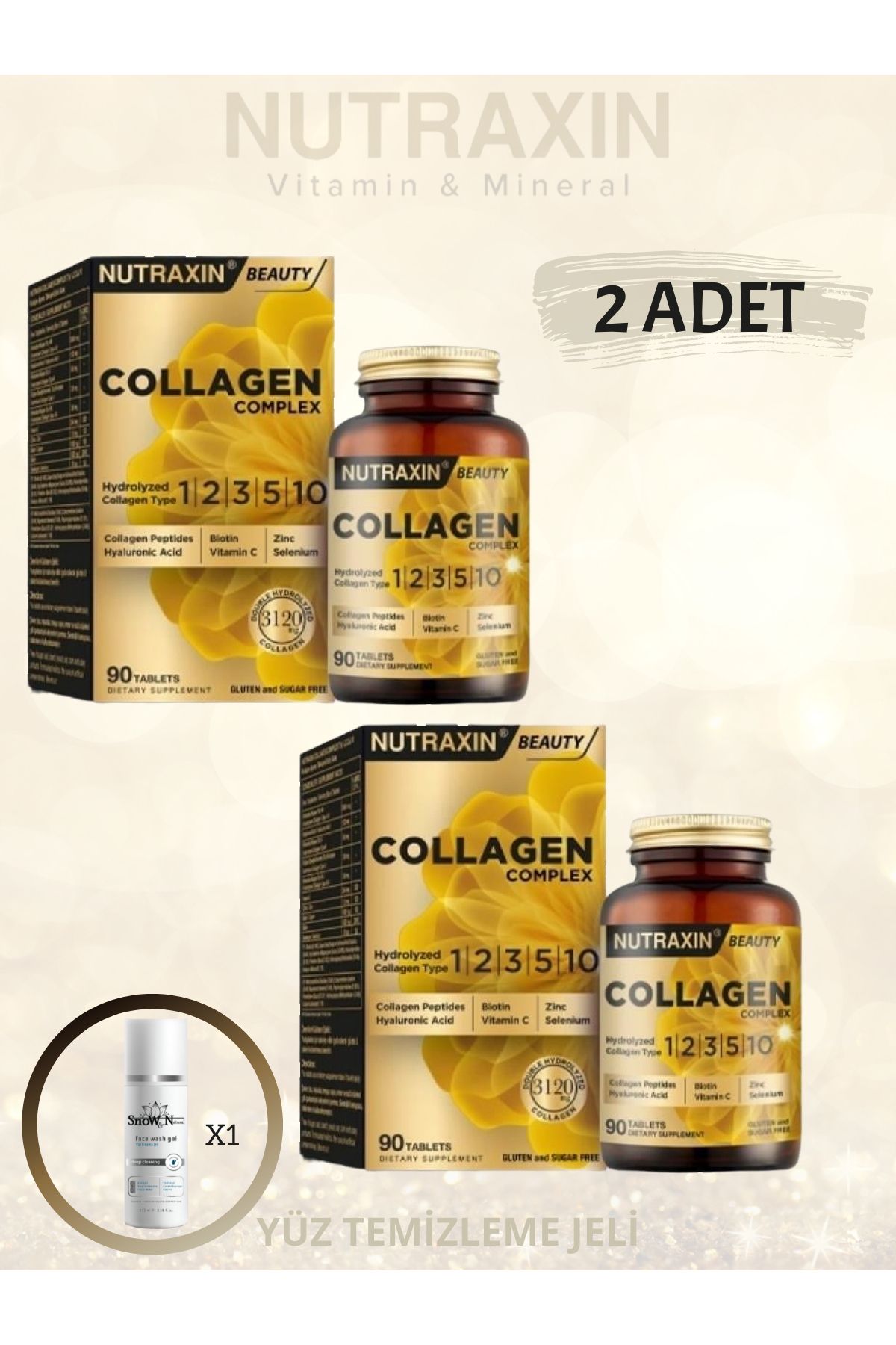 Nutraxin Collagen Complex 90 Tablet Kolajen tip I, II, III, V ve X içerir ( 2 ADET) & 1X100ML YÜZ YIKAMA JELİ