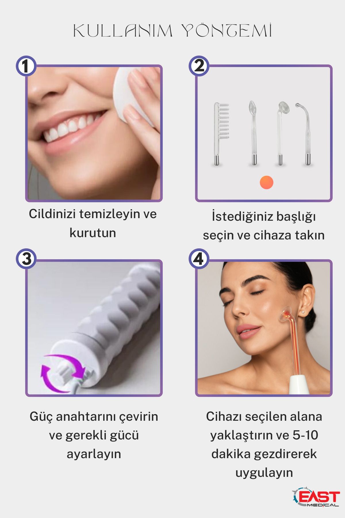 east medical Yüksek Frekans Cihazı 4 Problu Yüz Cilt Bakım Cihazı Gençleştirme Anti-aging High Frequenc-3