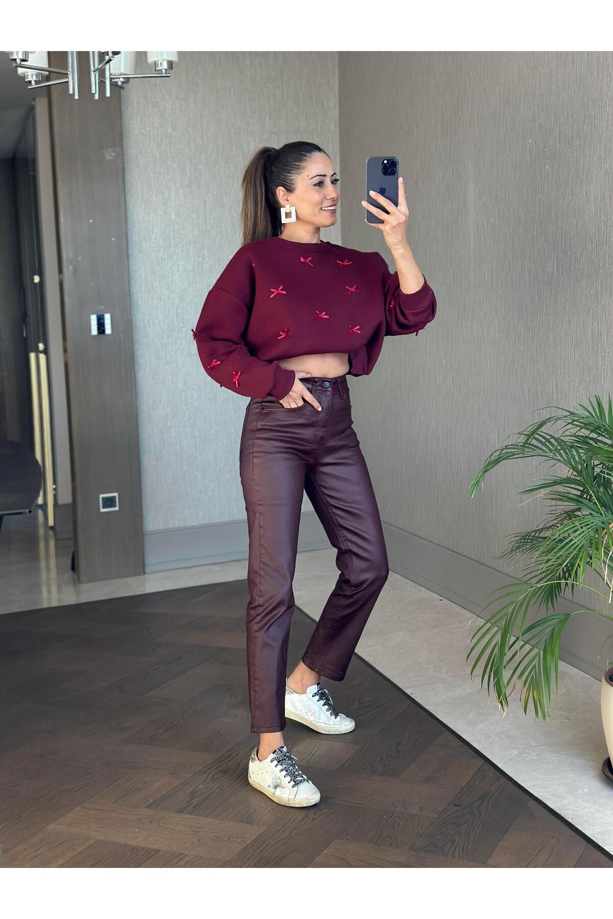 Forlady Butik Bordo Mumlu Paçası Dikişli Marka Model Kadın Jean Pantolon