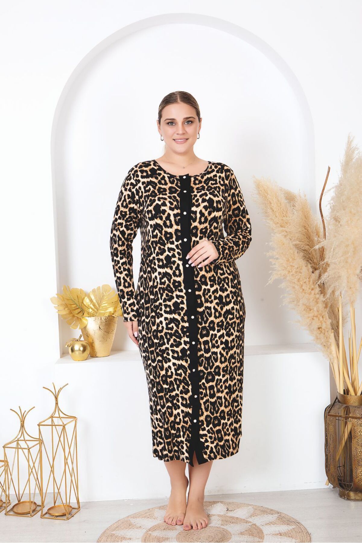 makkash-Leopard Print Lycra Oversize Plus Size Tunic Nightgown - Front Button, Cotton 1