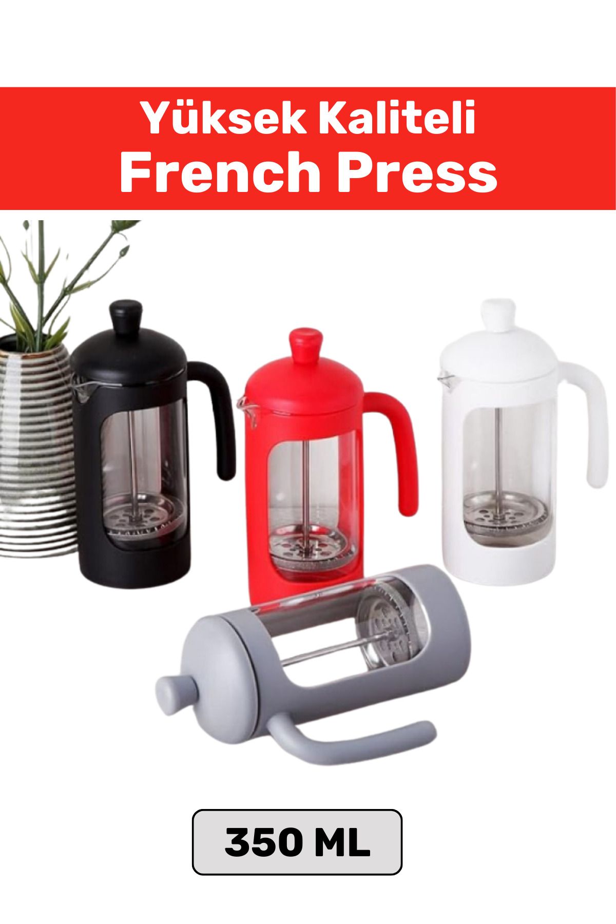 Wintoup Özel Yüksek Kaliteli Isıya Dayanıklı Çelik Filtreli Çay Kahve Bitki Çayı Demleme French Press 350 ML