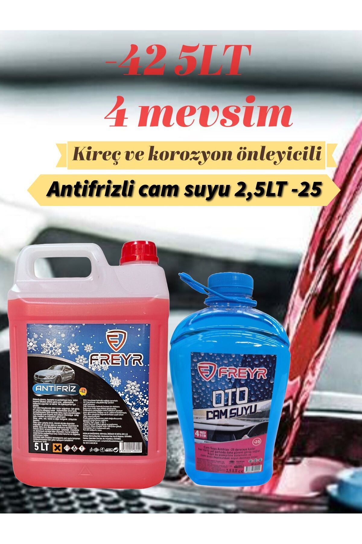 FREYR 4Mevsim Kırmızı Antifriz -42C° 5LT-4Mevsim Antifrizli Oto Cam Suyu -25C° 2,5LT