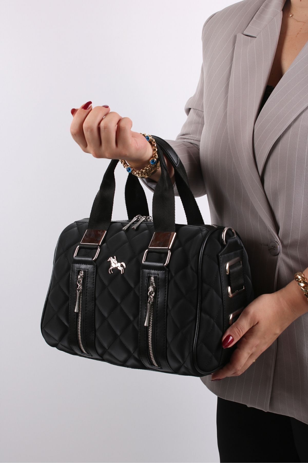 GALB LEATHER-حقيبة كتف نسائية سوداء كبيرة الحجم بحزام عريض - 33x26 سم 5