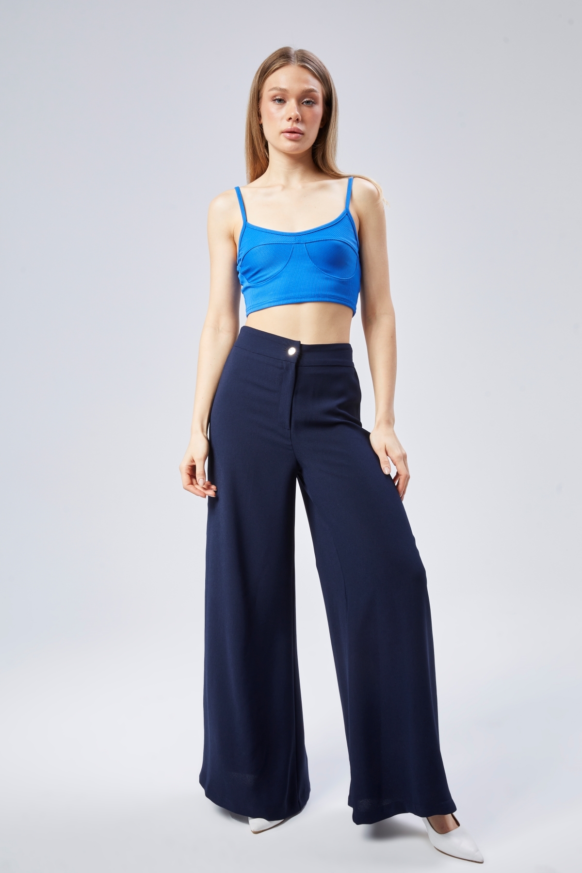 sehatex  Kadın Pantolon Crep Kumaş Beli Lastikli Rahat Kesim Koyu Lacivert - Görsel 5