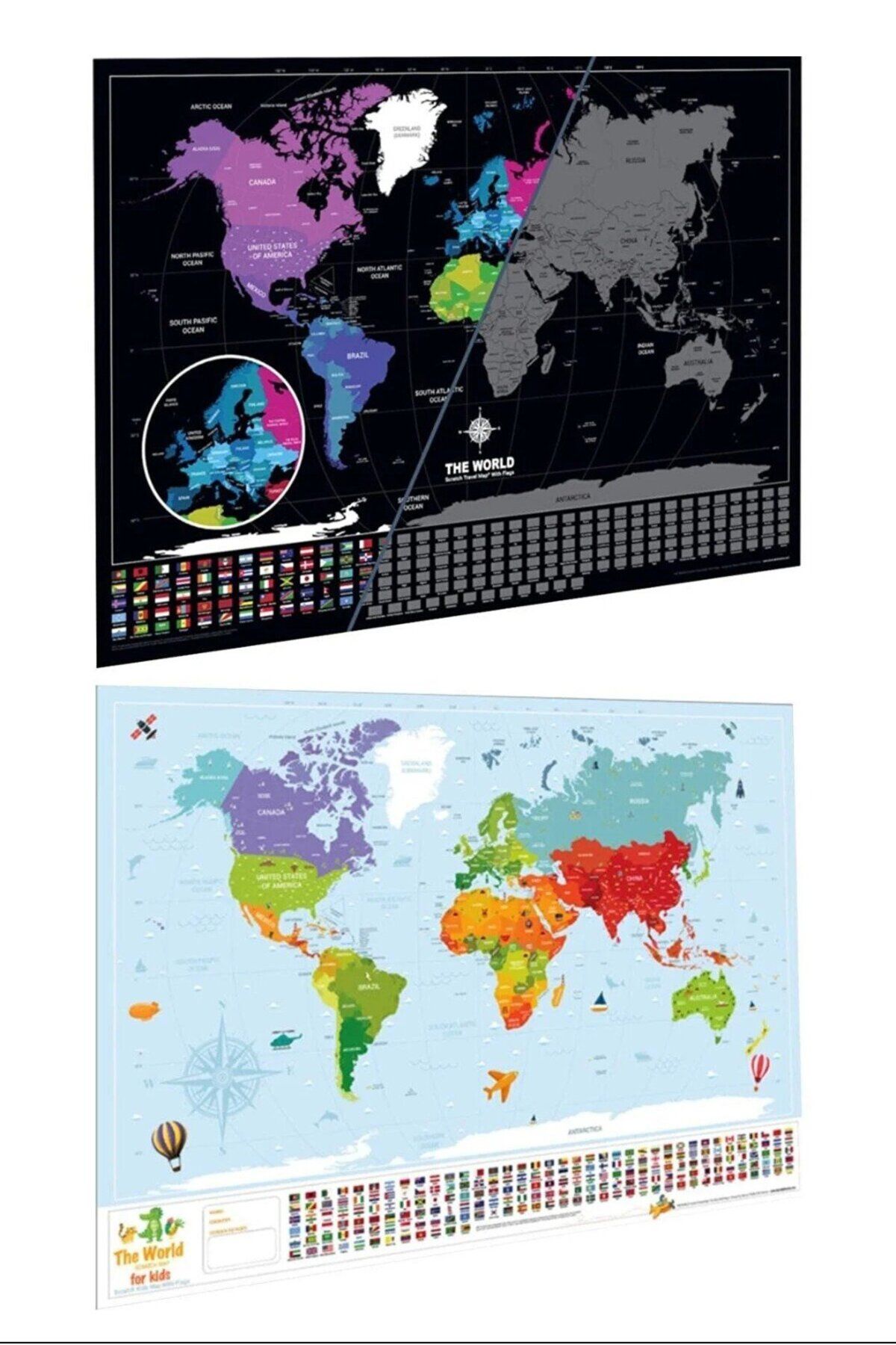 PopŞeker Scratch Map Kazınabilir Dünya Haritası 2’li Klasik Ve Kids Versiyon Büyük Boy Dünya Haritaları