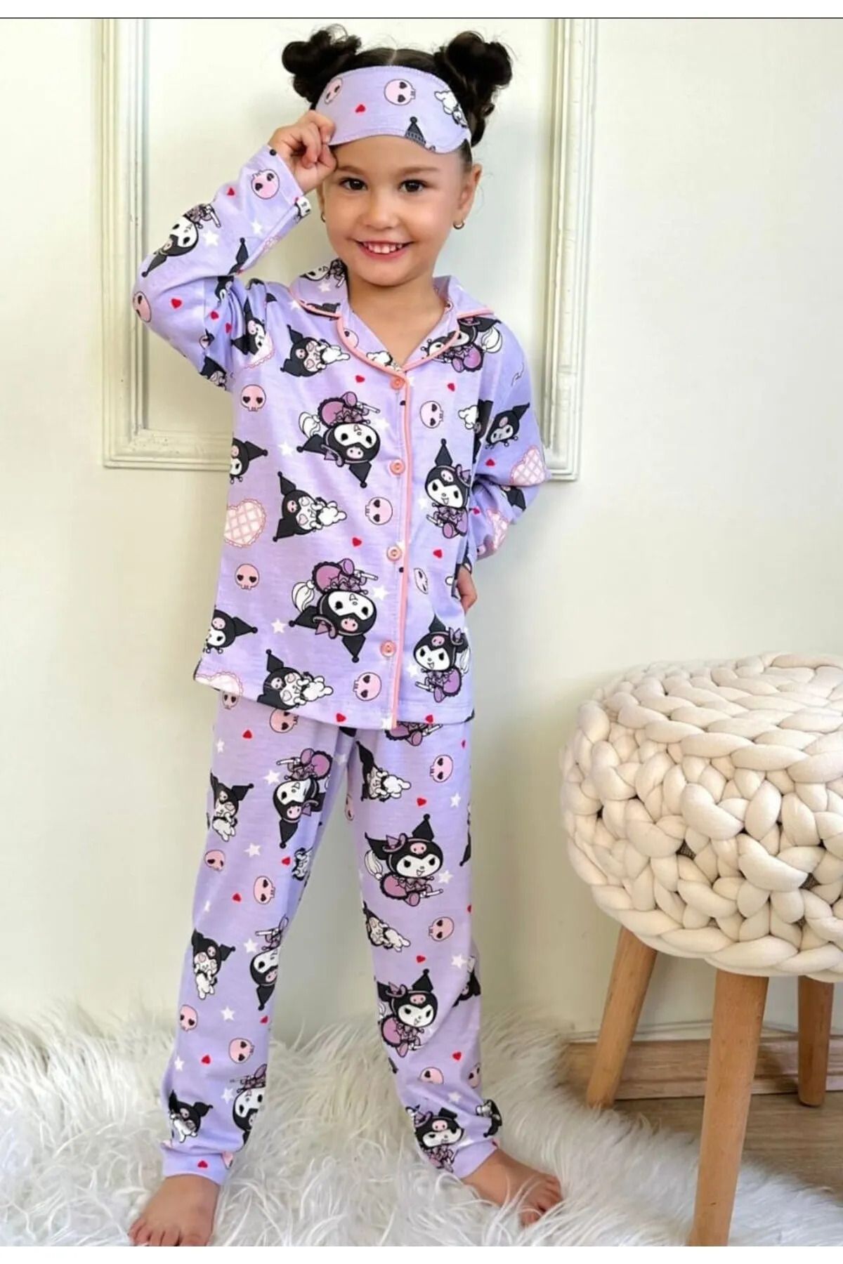 teknotrust Sevimli kız çocuk pijama takımı, baskılı ve rahat uyku seti, mor renkli