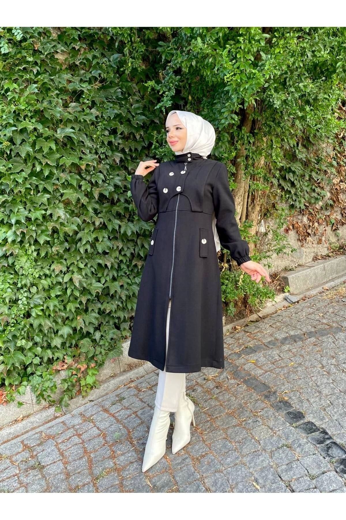 Nevayla Moda-Intermediate Size Buttoned Front Imported Cashmere Coat / M0111 - Black 2