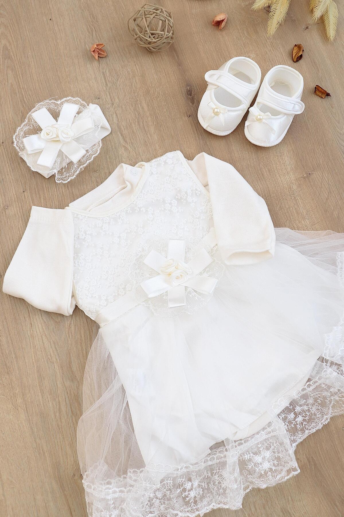 Sitilin Kız Bebek Mevlüt Elbisesi Gelinlik Dantelli Mevlit Takımı Bebek Mevlütlük Set 0-3 AY STL6830 fotoğrafı 2 (önizleme)