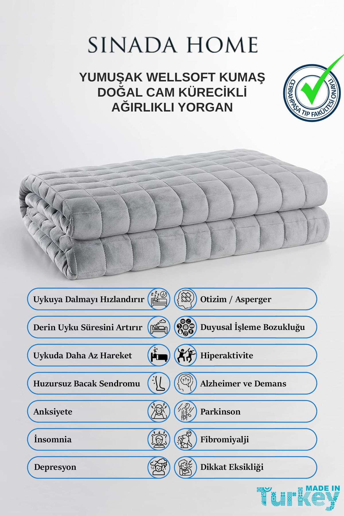 Sinada Ultra Yumuşak Wellsoft Ağırlıklı Battaniye Çift Kişilik Ağırlıklı Yorgan 10 Kg Gri 200x220 4 Mevsim