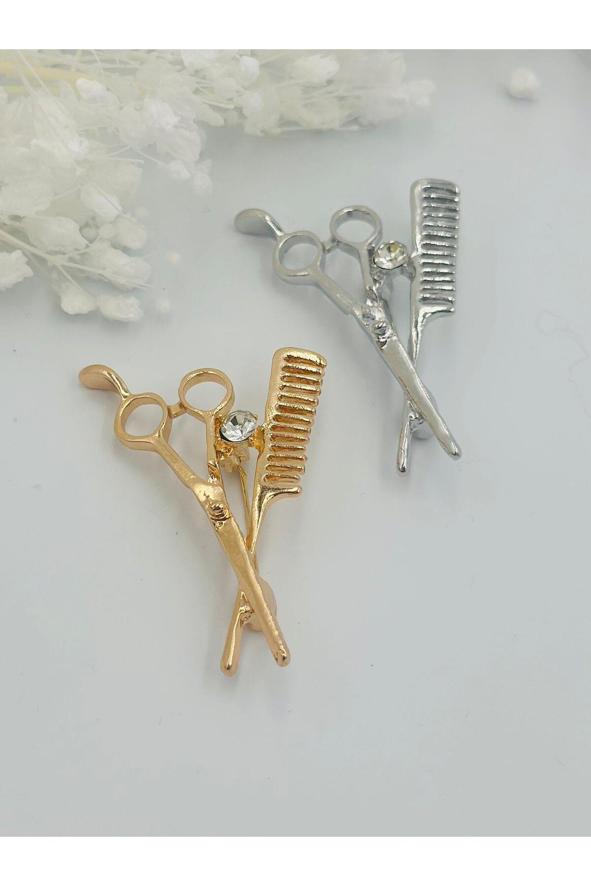 Zircon Stone Detail Scissors Brooch Silver
