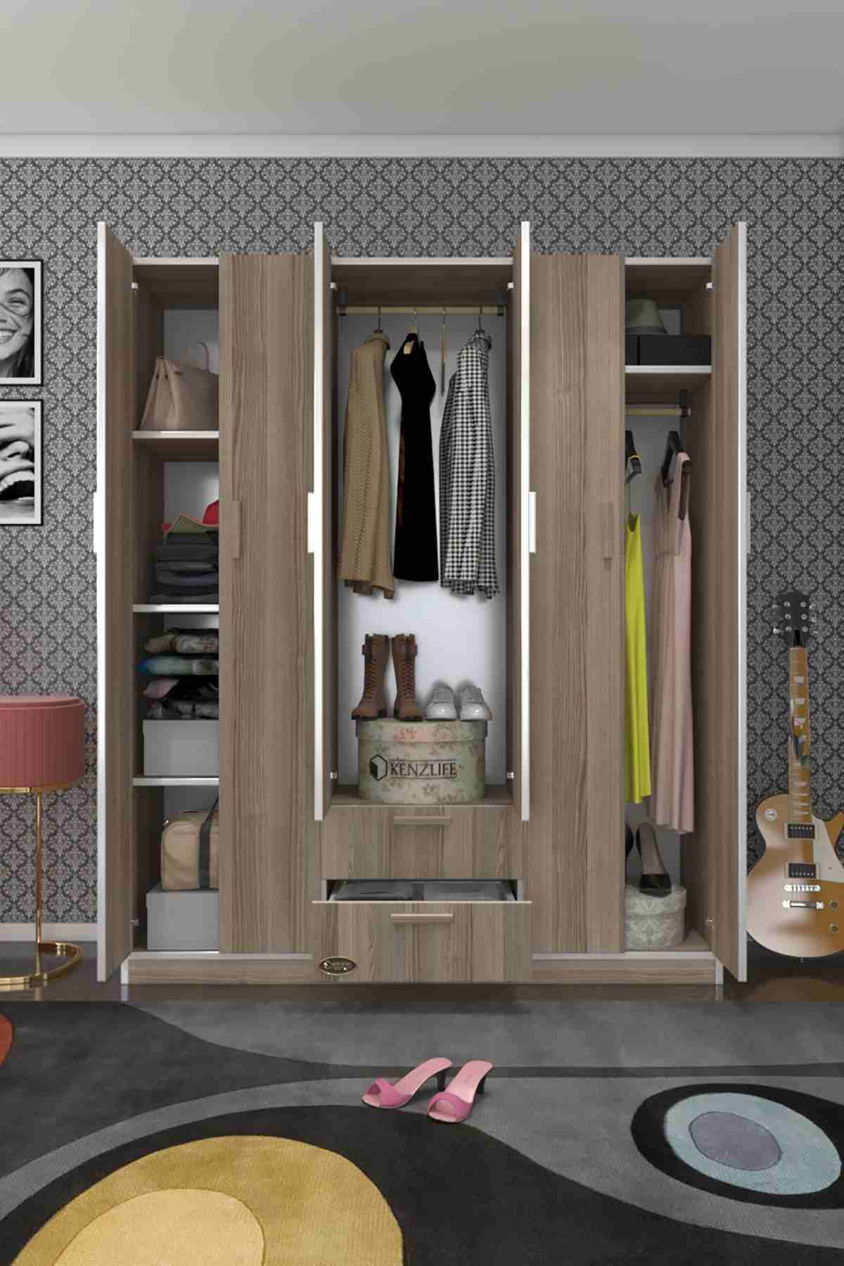 Kenzlife Gardırop 6 Kapılı Çekmeceli Begonvil180 Crd Aynalı