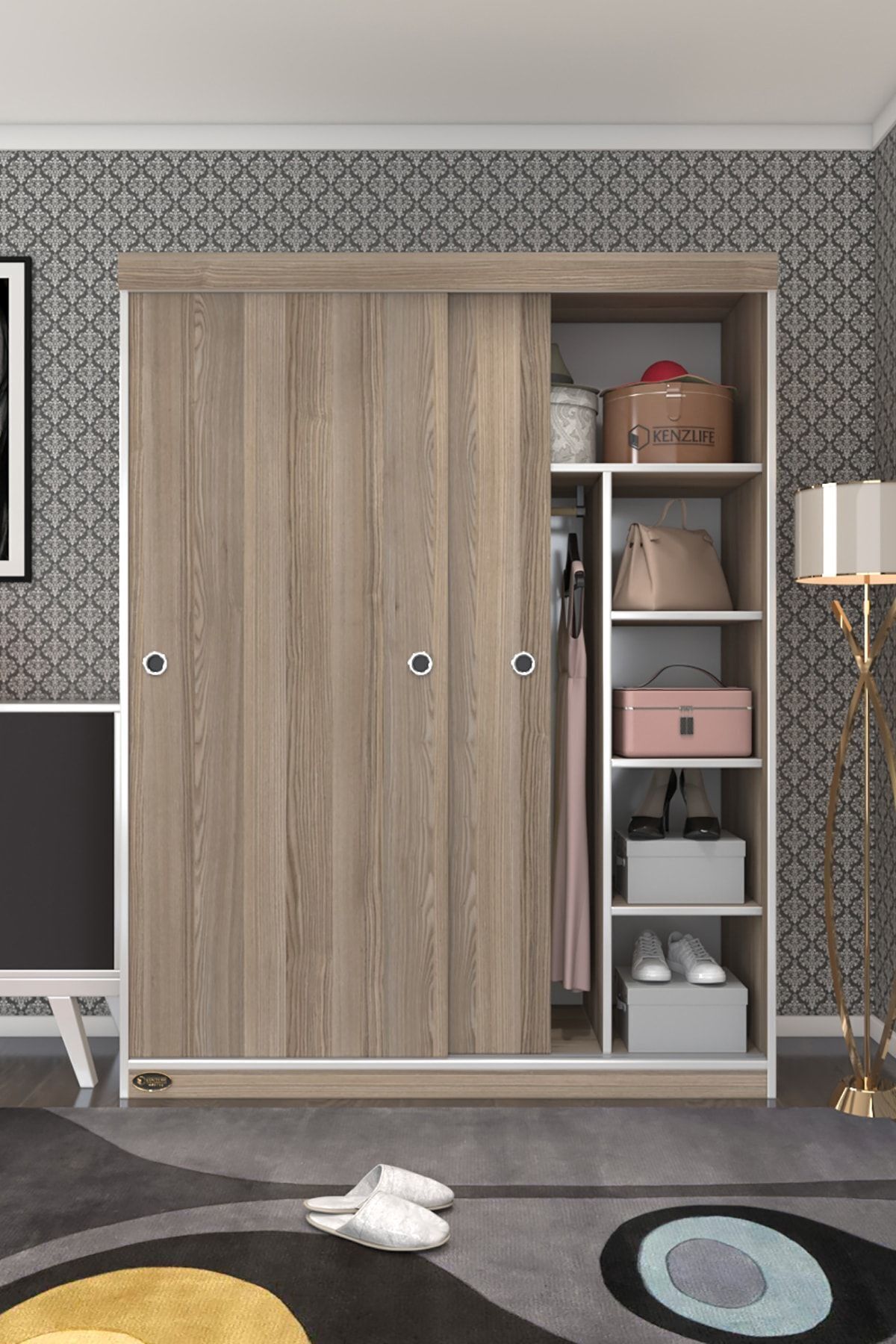 Kenzlife Gardırop Sürgülü Kapaklı Kapılı 140 Papatya Crd Gardolap