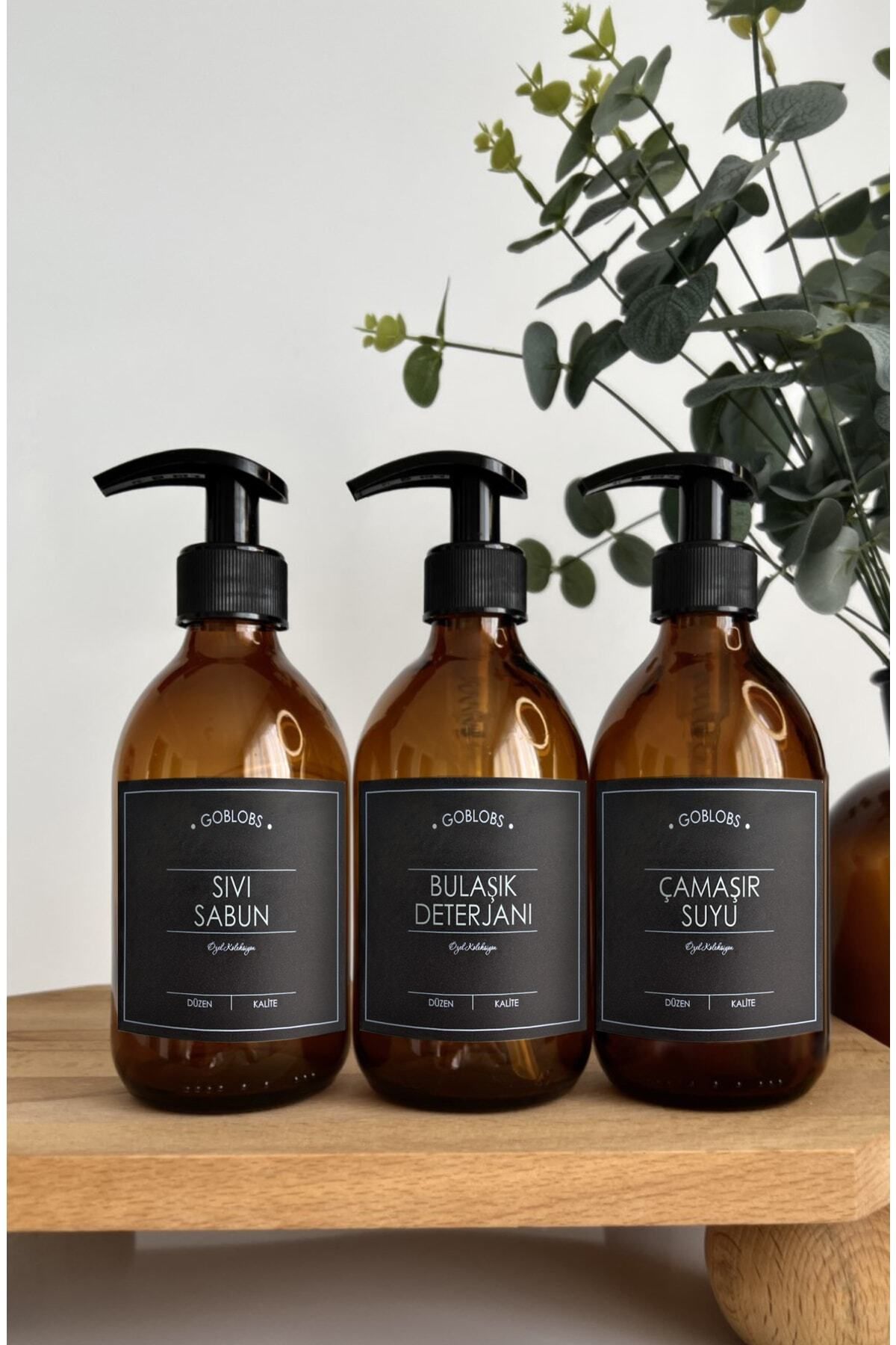 GO BLOBS-Set of 3 300ml Black Labeled Amber Bottle Liquid Soap & Dishwashing Liquid & Bleach 3