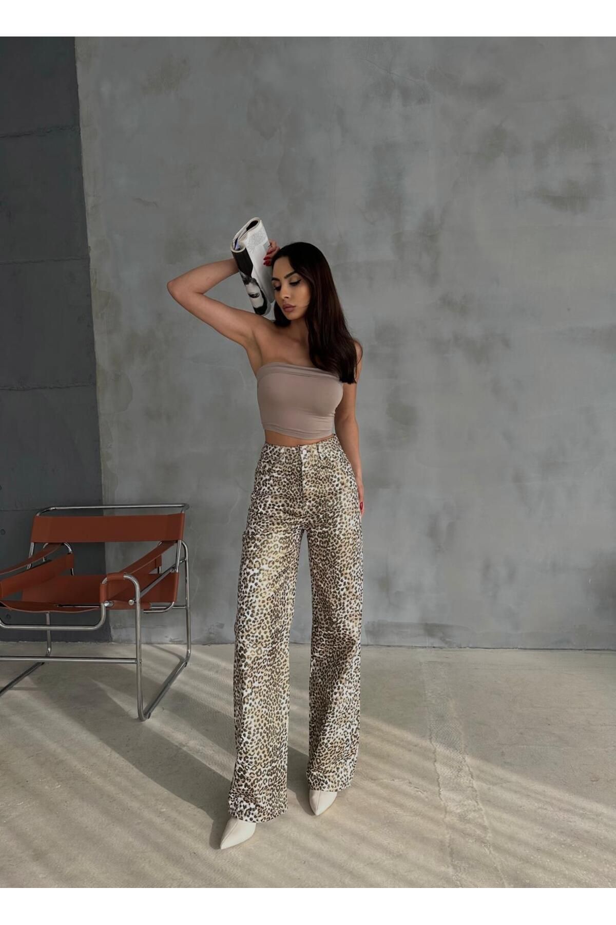 Zeo Basic-Zeo Basic Gold Leopard Patterned Varak Printed Wide Leg Pants 5