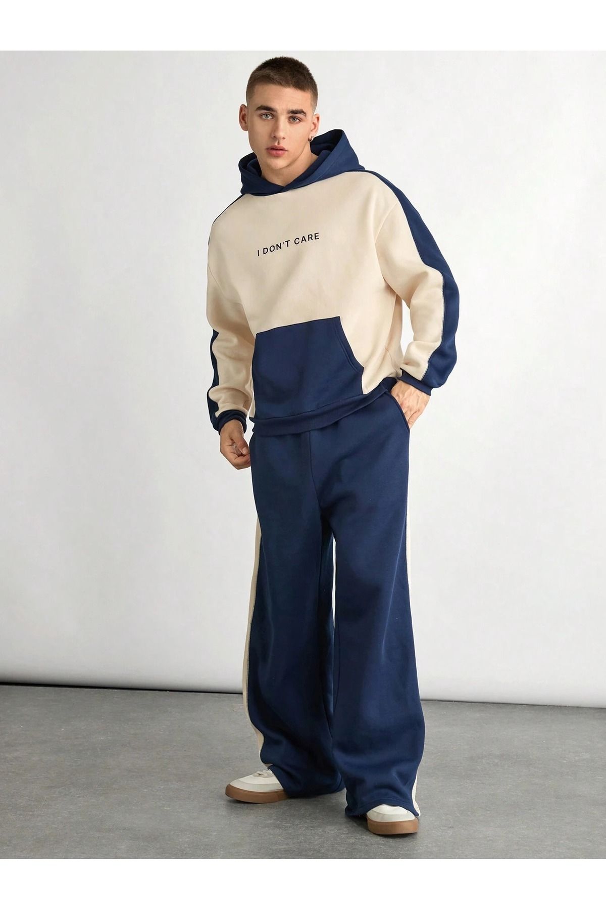 Know-Navy Blue Beige Women's and Men's Tracksuit Set - Couple Combination 2 Pieces 3