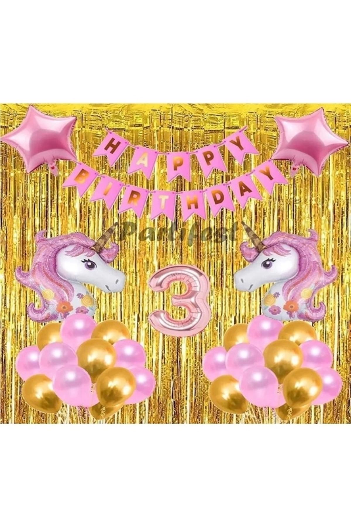 Papatya Süs Evi 3 Yaş Pembe Unicorn Konsept Balon Doğum Günü Set Gökkuşağı Unicorn Yaş Balon Set