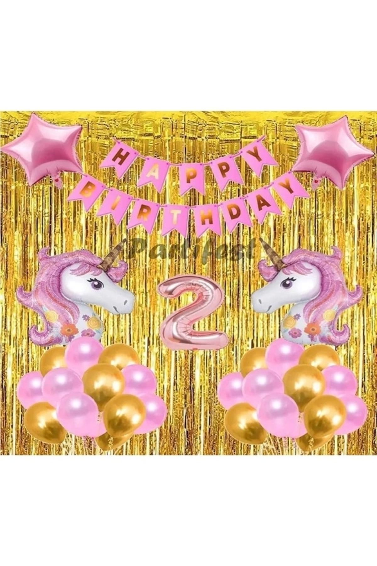 Papatya Süs Evi 2 Yaş Pembe Unicorn Konsept Balon Doğum Günü Set Gökkuşağı Unicorn Yaş Balon Set