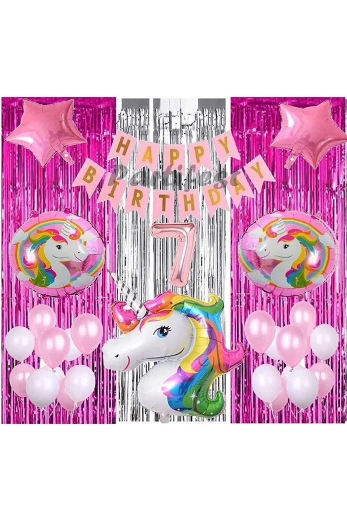 Papatya Süs Evi 7 Yaş Gökkuşağı Unicorn Konsept Balon Doğum Günü Set Gökkuşağı Unicorn Yaş Balon Set