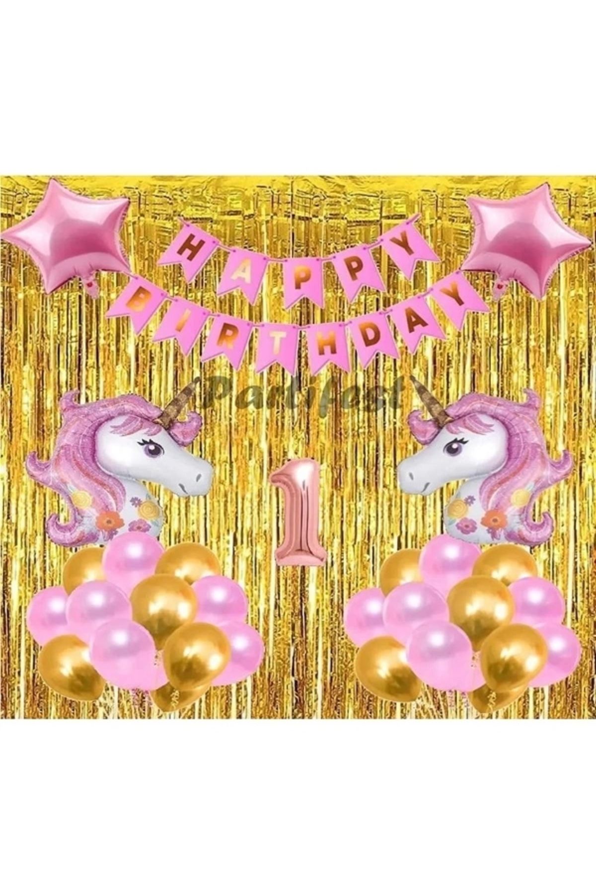 Genel Markalar 1 Yaş Pembe Unicorn Konsept Balon Doğum Günü Set Gökkuşağı Unicorn Yaş Balon Set