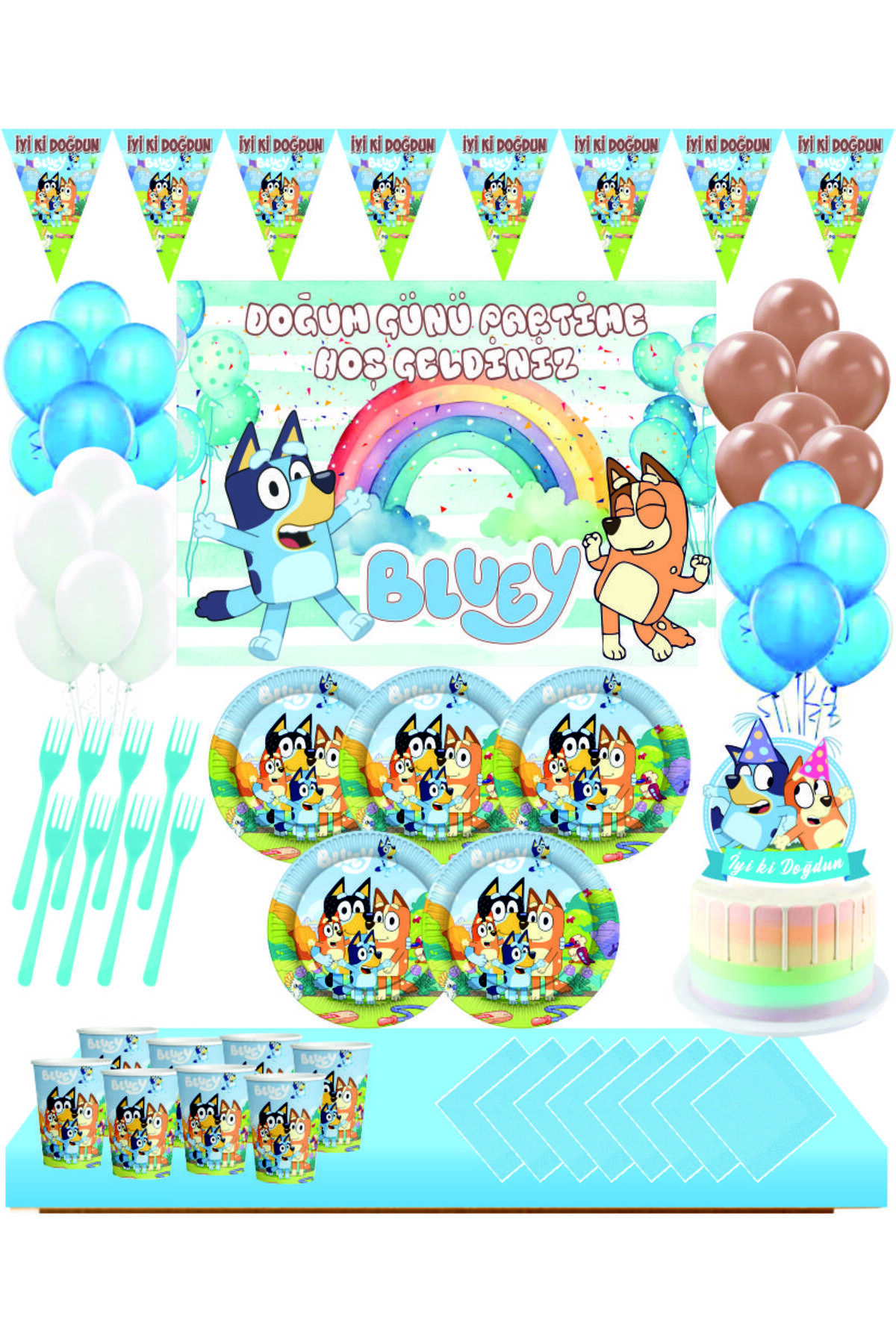Masal Şekerleme Bluey 8 Kişilik Afişli Doğum Günü Seti Pasta Süsü Dahil