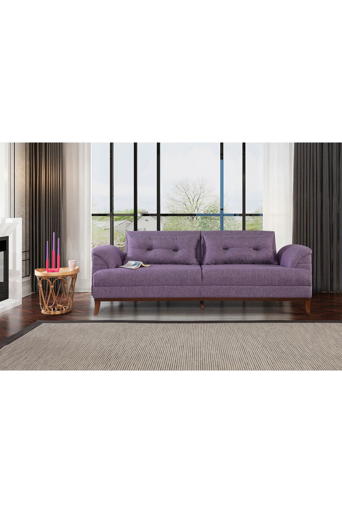 Elance Home Madrid Üçlü Yataklı Kanepe Keten Mürdüm